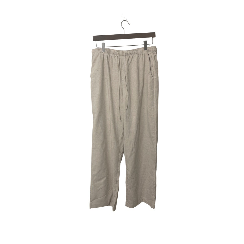HDE Linen‎ Blend Wide Leg Pants Large Beige Coastal Minimalist Boho Relaxed